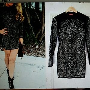 Black party dress with gold-colored studded design