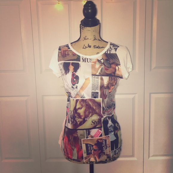 White blouse with magazine like pictures and more - Picture 1 of 3