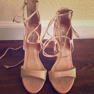 Women's Open Toe Ankle Strap Lace Suede Pumps