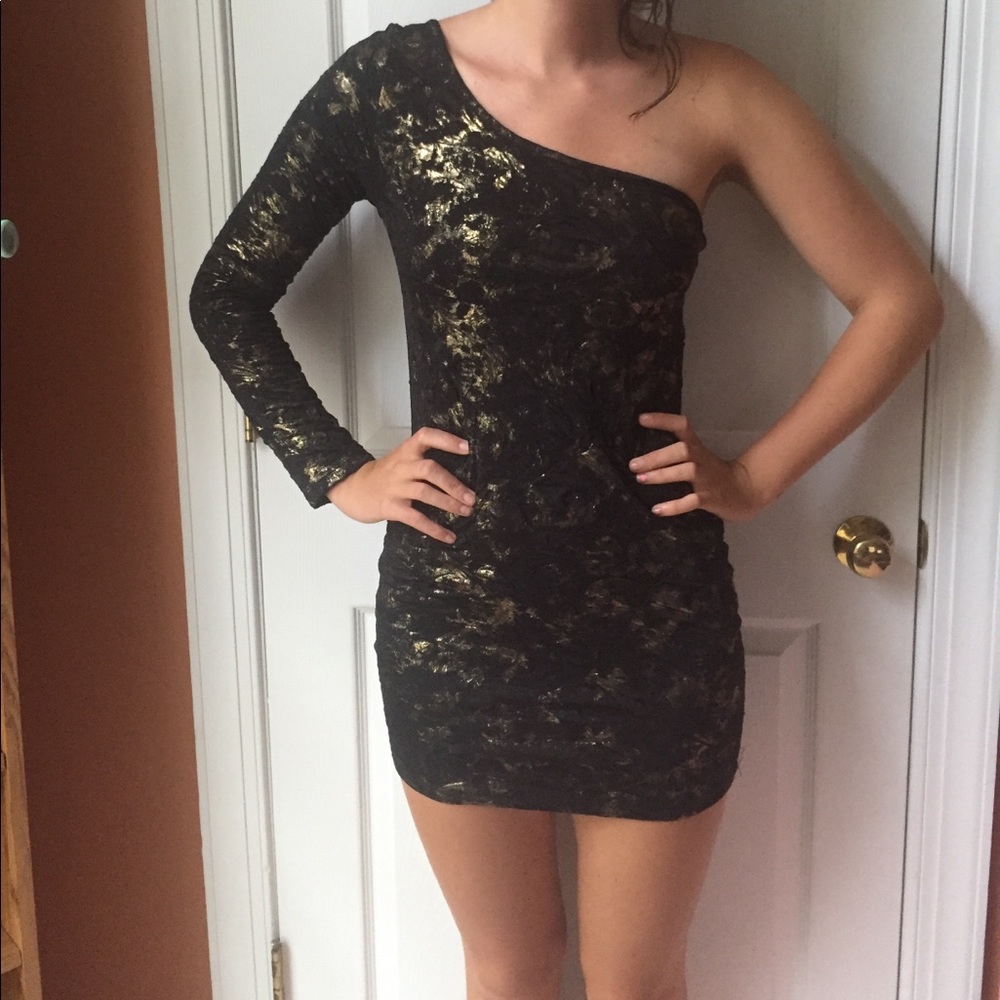 Black and gold shimmery one shoulder formal dress