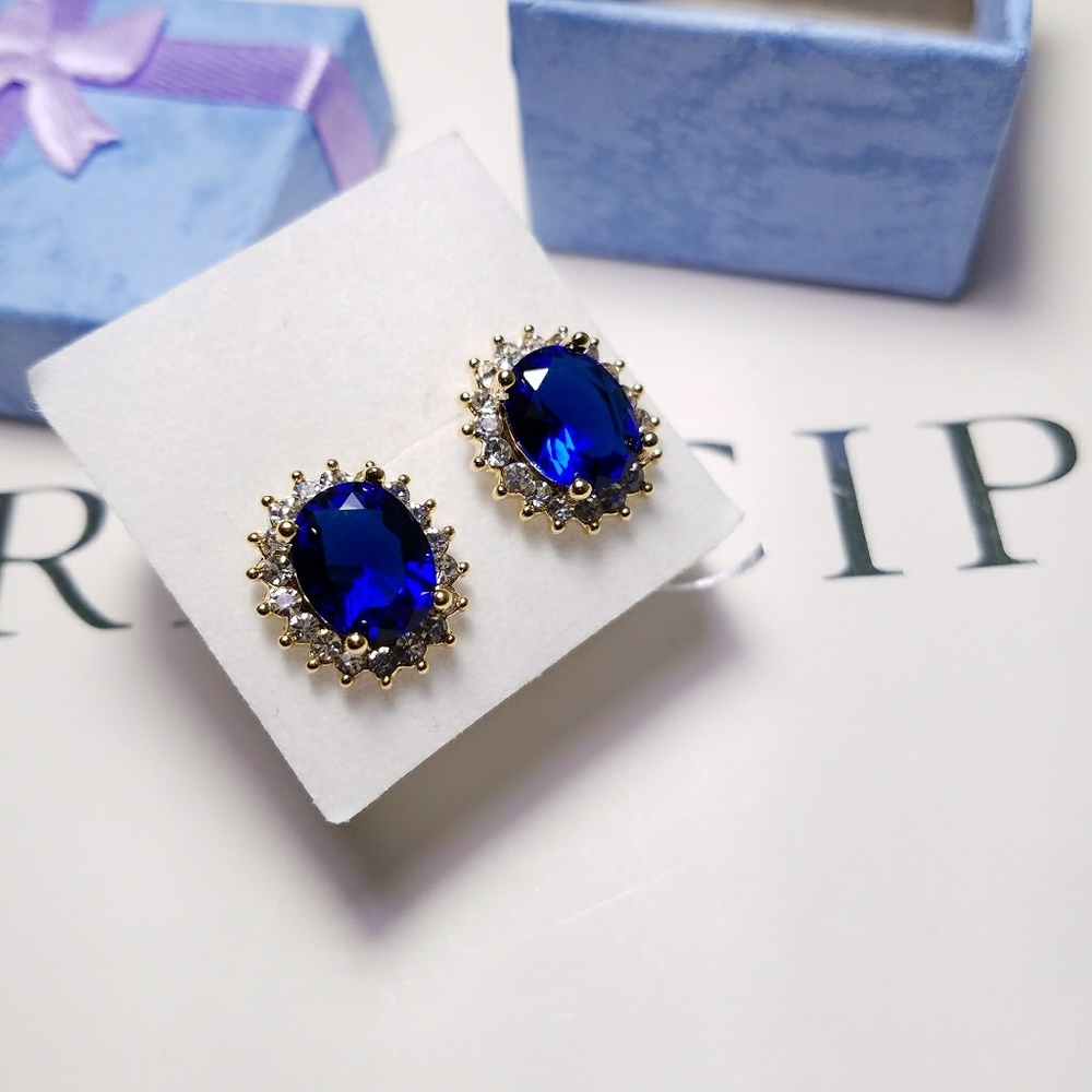 Deep Ocean Blue Oval Crystal Stud Earrings