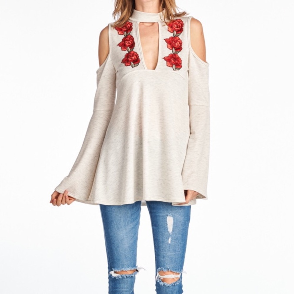 embroidered floral long sleeves top red oatmeal