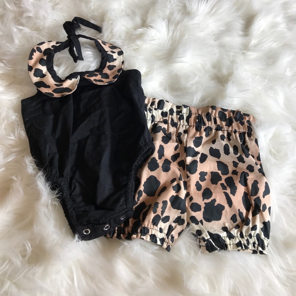 2 piece black and leopard shorts, neck tie Onesie