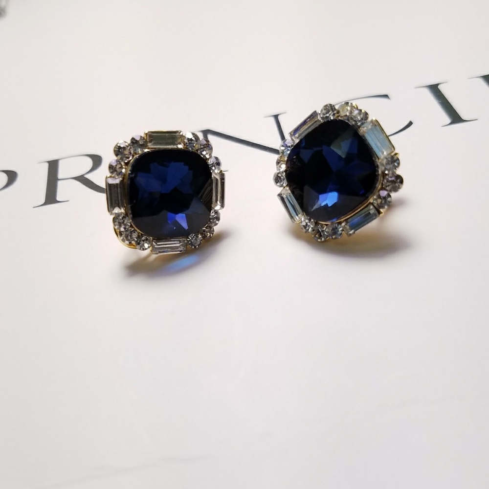 Square Ocean Blue Crystal Stud Earrings