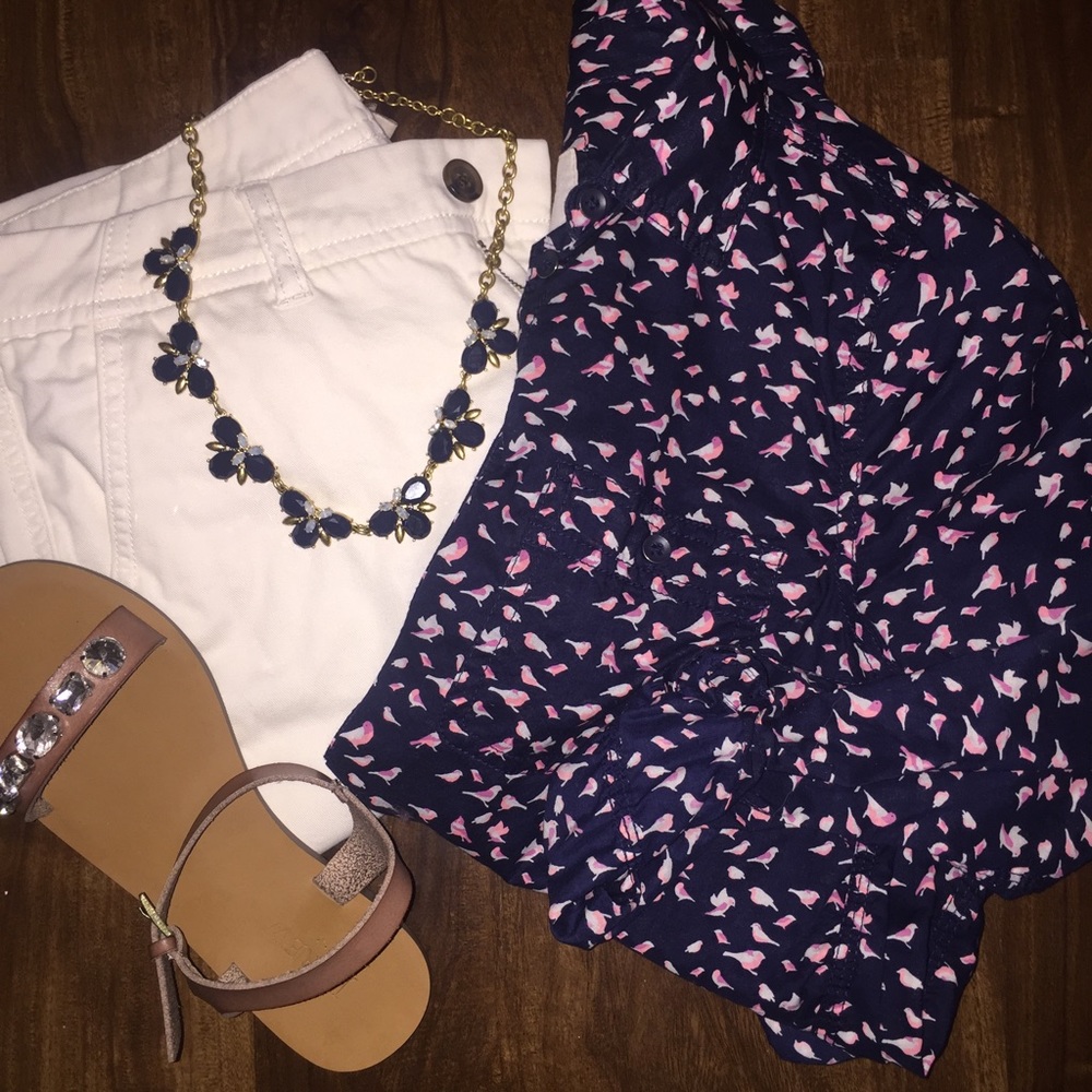 Navy/Pink/White bird print button down