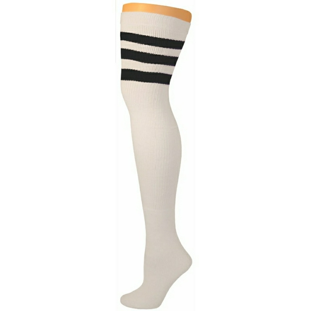 Tall White Thigh High Socks w Black Stripe