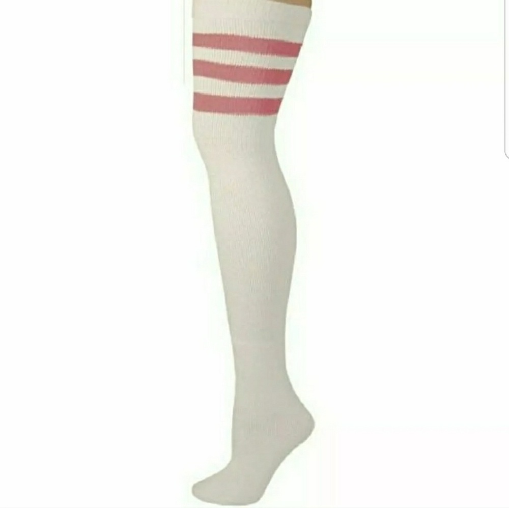 Tall White Thigh High Socks w Pink Stripe