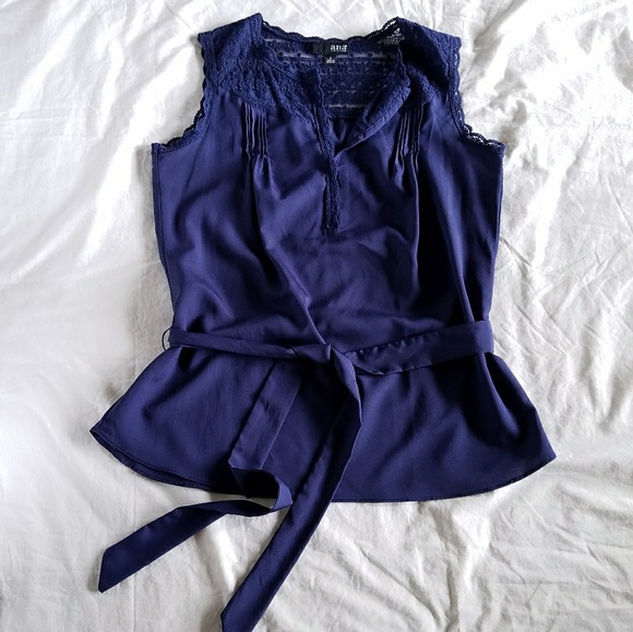 a. n. a Navy Blue Sleeveless Lace Collar Blouse - Picture 2 of 3