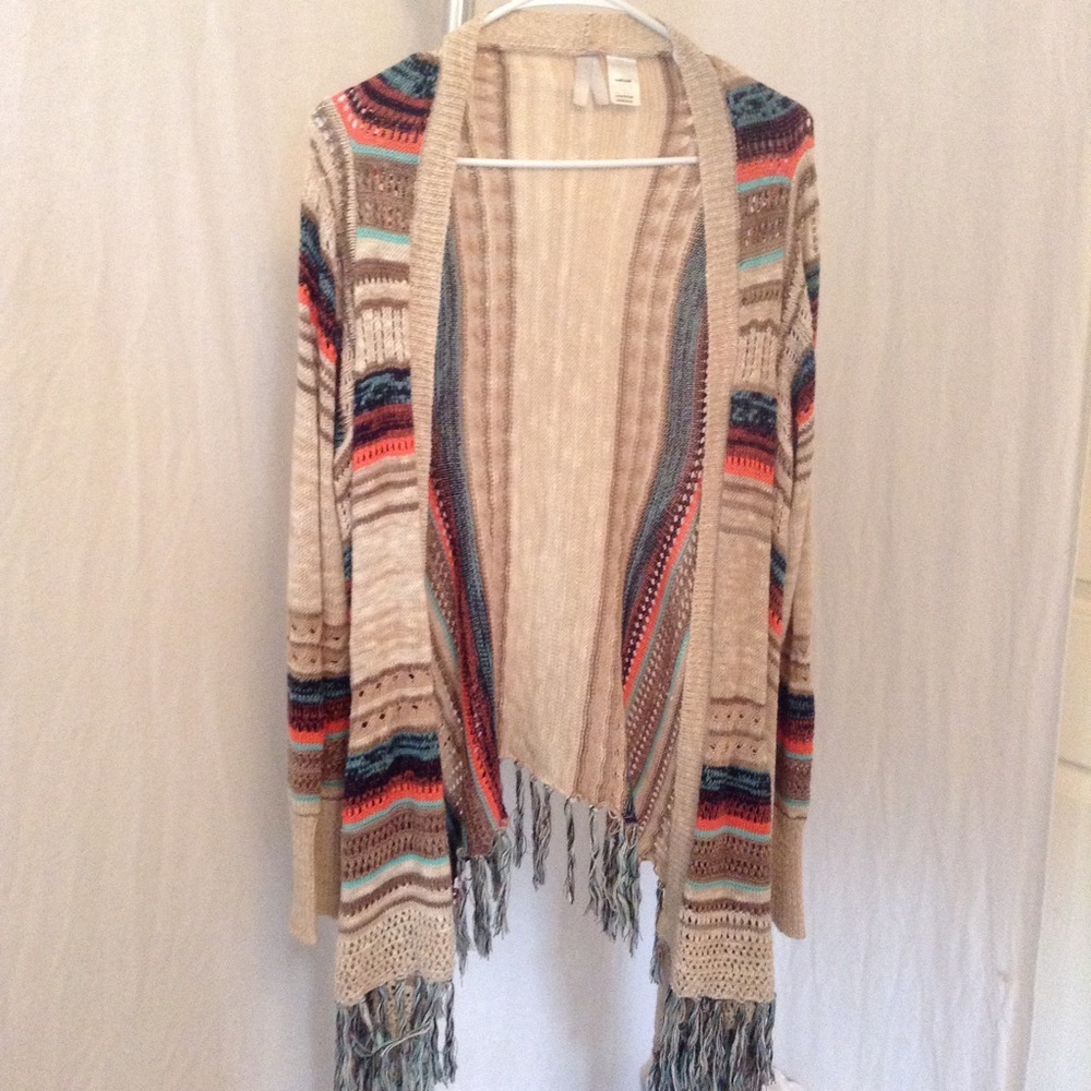 Striped brown long fringe cardigan