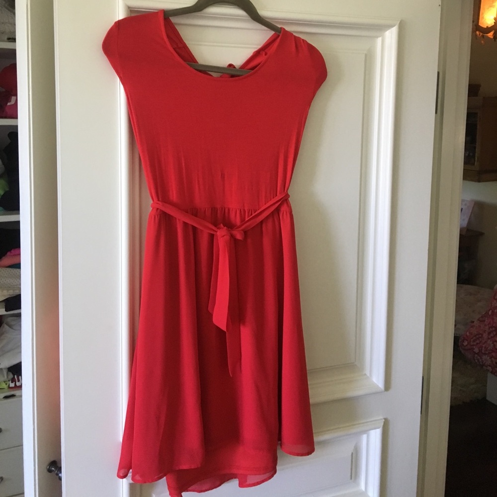 Red formal dress with silk ribbon.
