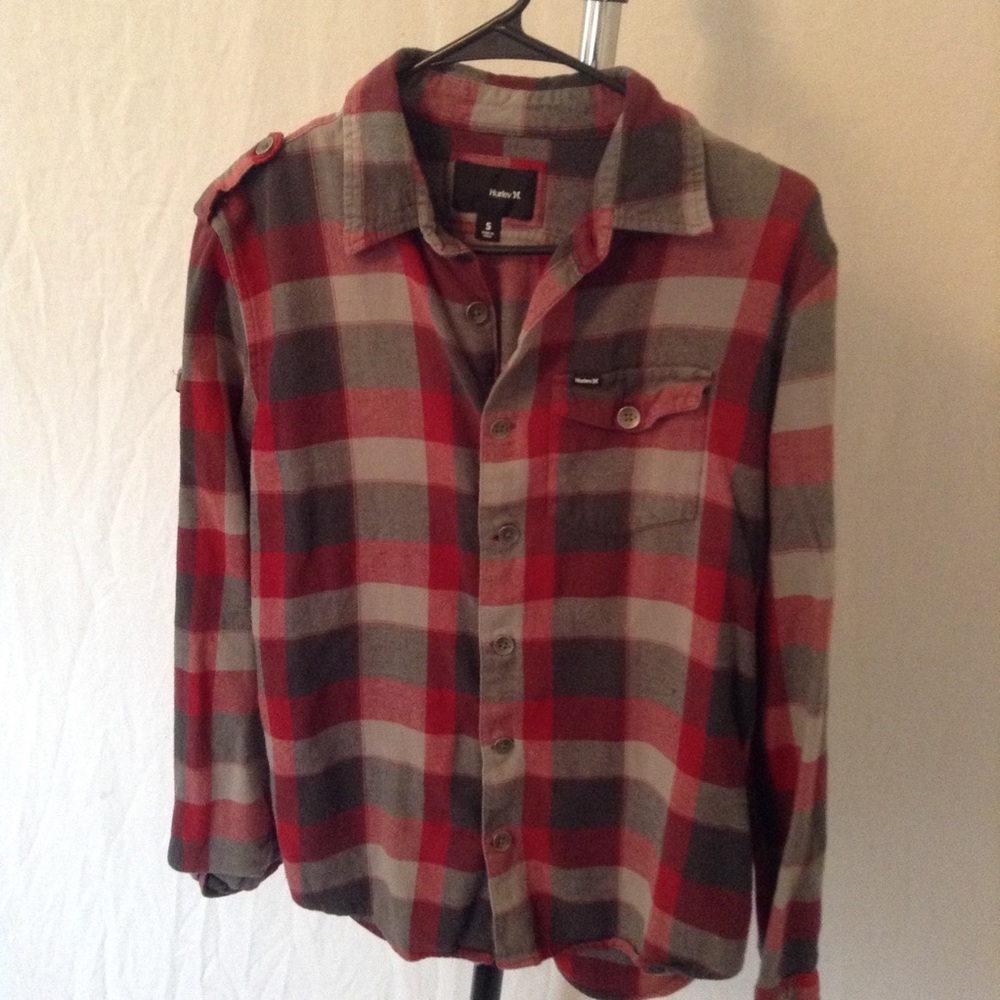 Grey and red plaid button down