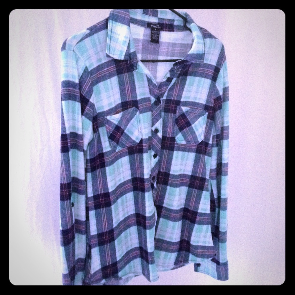 Blue, green, and pink plaid button down