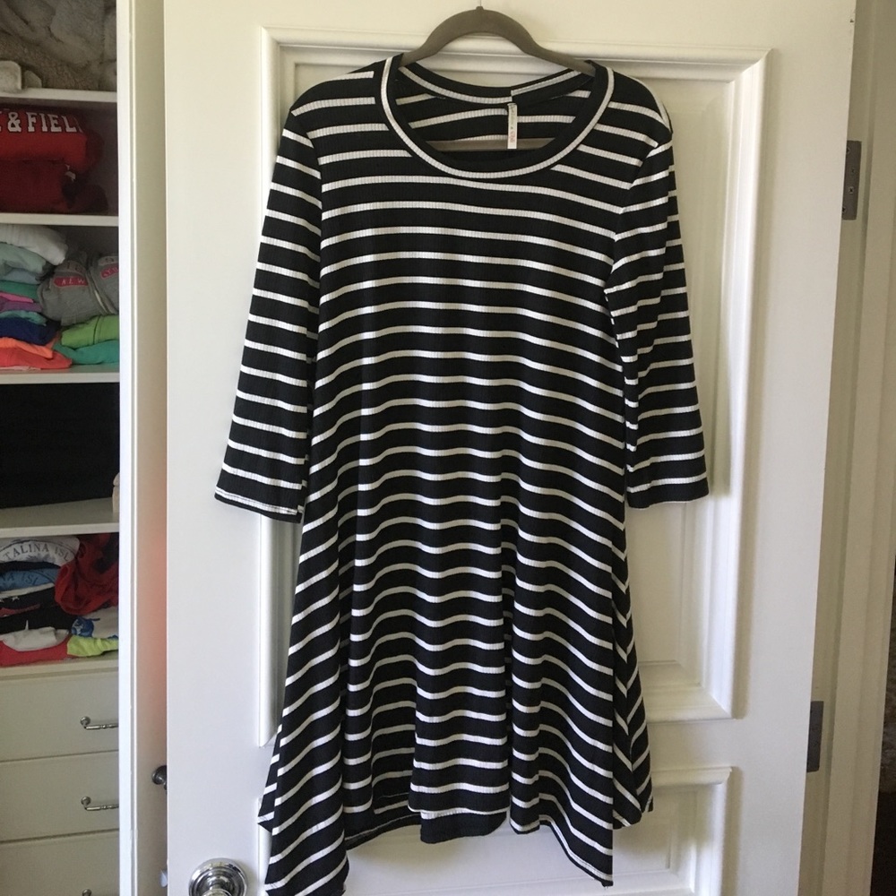 Navy blue and white striped dress.