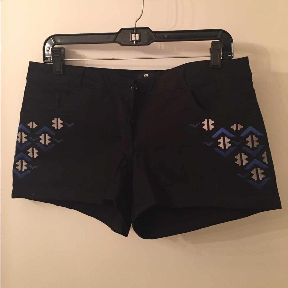 H&M Black Embroidered Cotton Shorts - Size 10