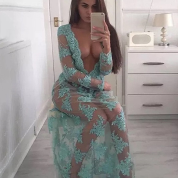 🎉 Aqua blue sheer maxi dress cover maxi dress Sm - Picture 3 of 7