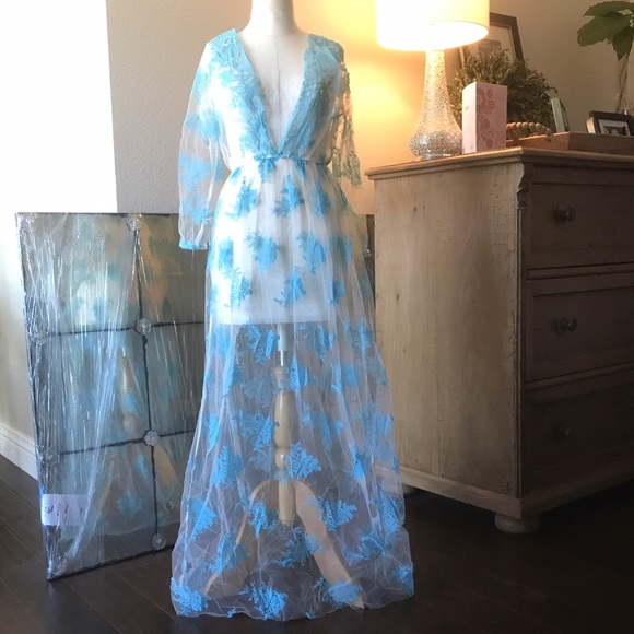 🎉 Aqua blue sheer maxi dress cover maxi dress Sm - Picture 6 of 7