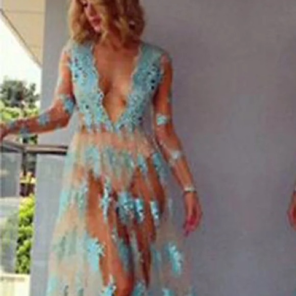 🎉 Aqua blue sheer maxi dress cover maxi dress Sm - Picture 2 of 7