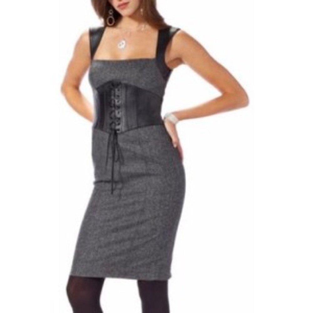 Bebe brown tweed leather trim pencil dress