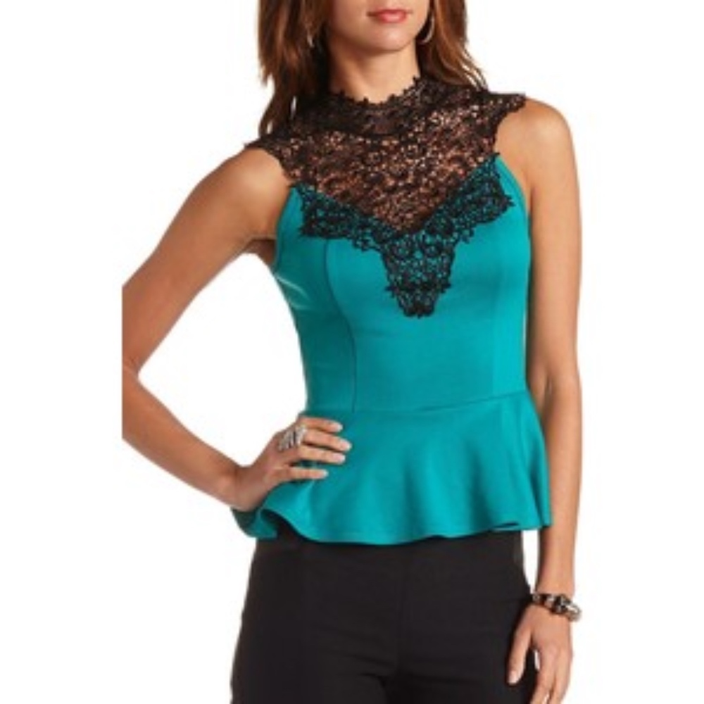 teal embroidered neckline peplum blouse
