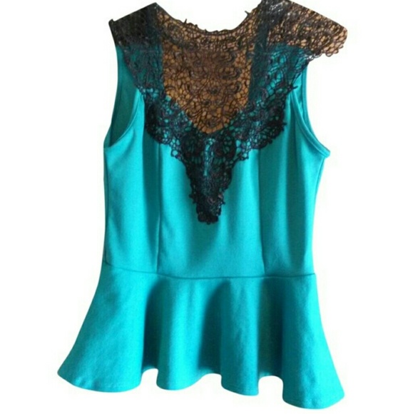 teal embroidered neckline peplum blouse - Picture 2 of 3