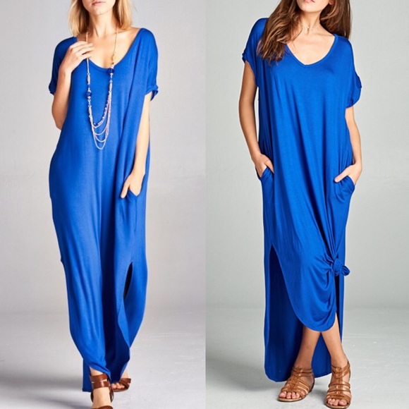 CHARLIZE solid boho dress - ROYAL BLUE - Picture 2 of 3