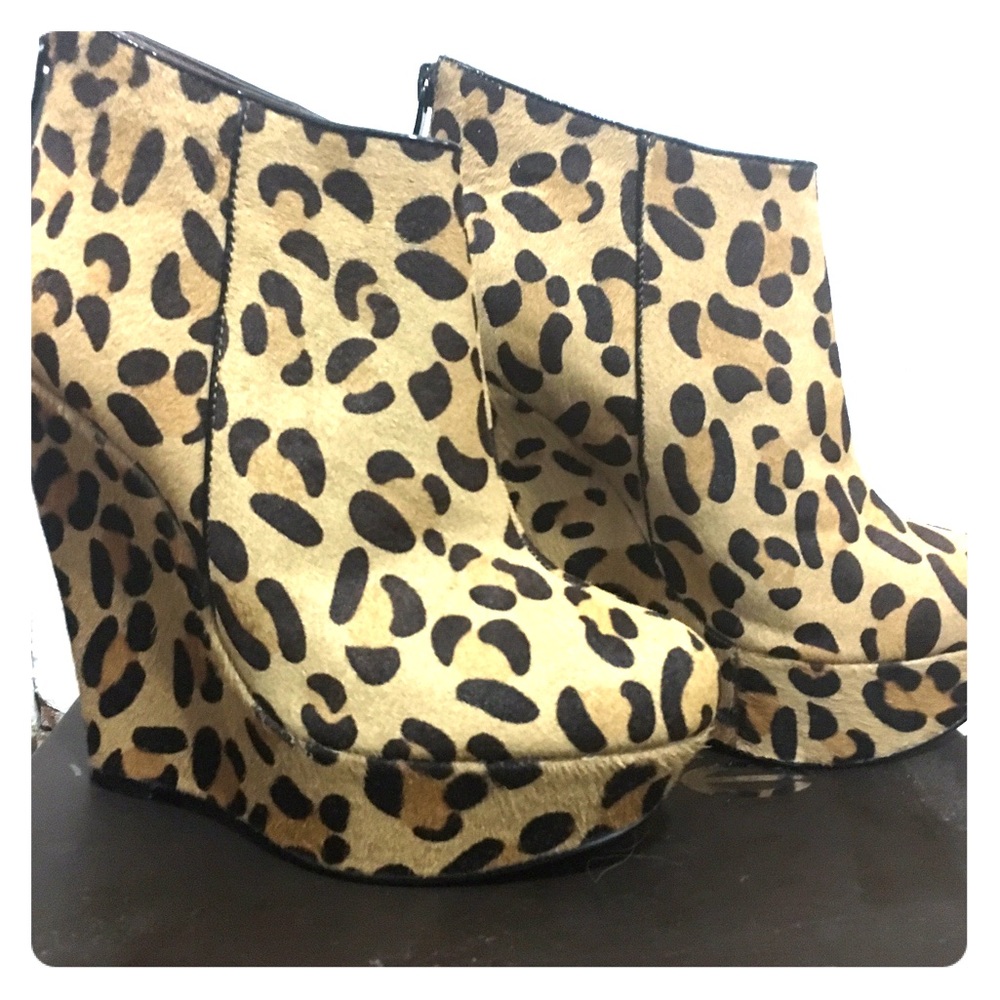 BEBE Calf Fur Leopard Ankle Wedge Booties