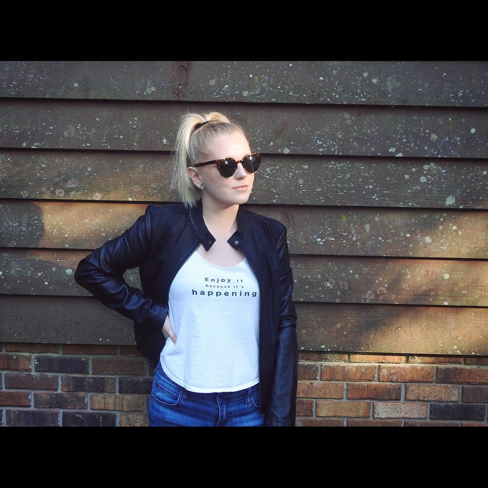 Black faux leather jacket.