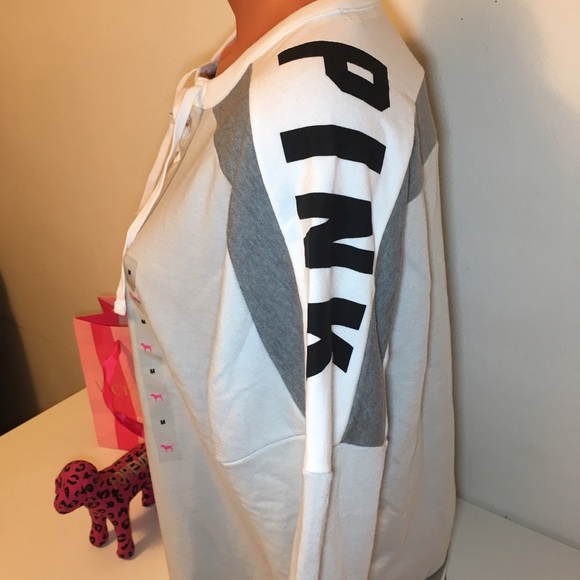 NEW PINK VS LOGO CREW LACE UP SWEATSHIRT - Picture 3 of 5
