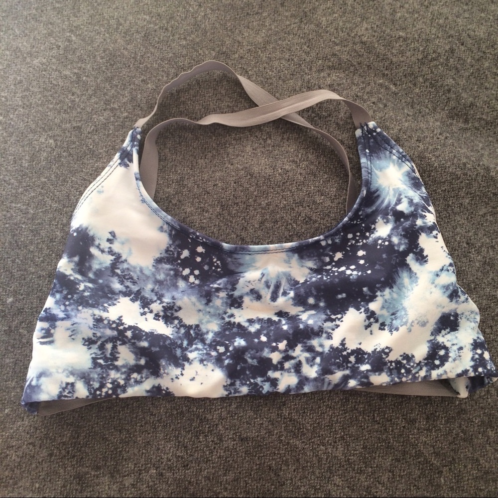 Onzie blue and white print x back elastic bra