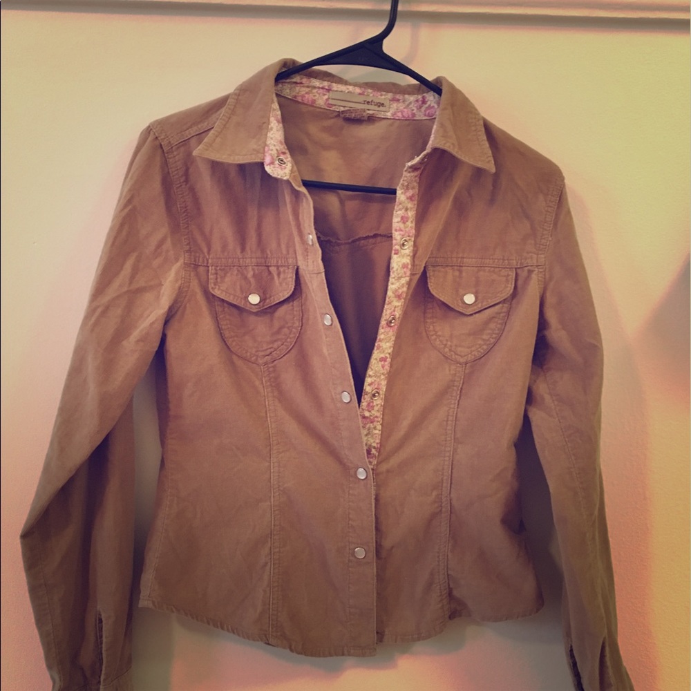 tan button down light corduroy top or blazer