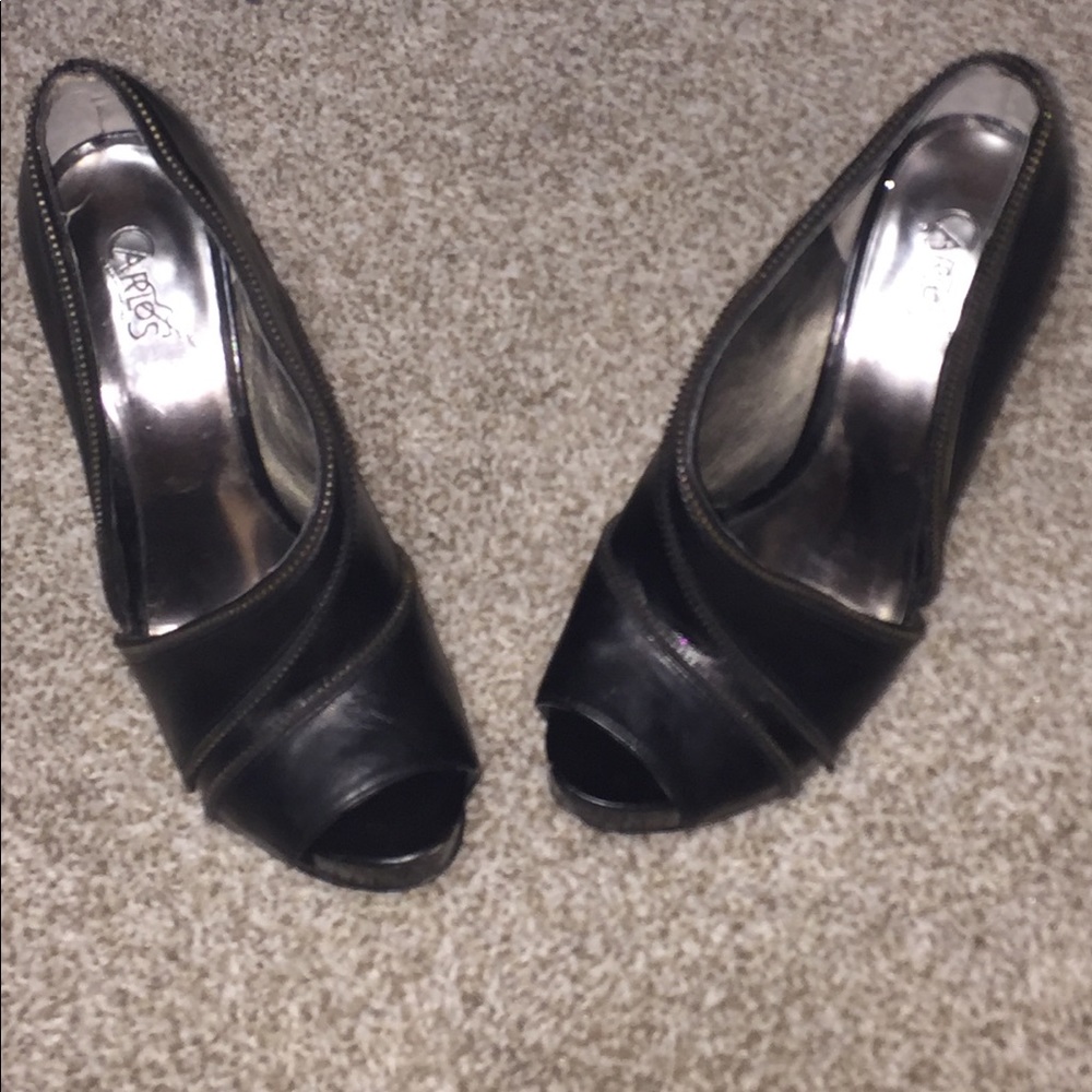 Black open toe heels with zipper accented details