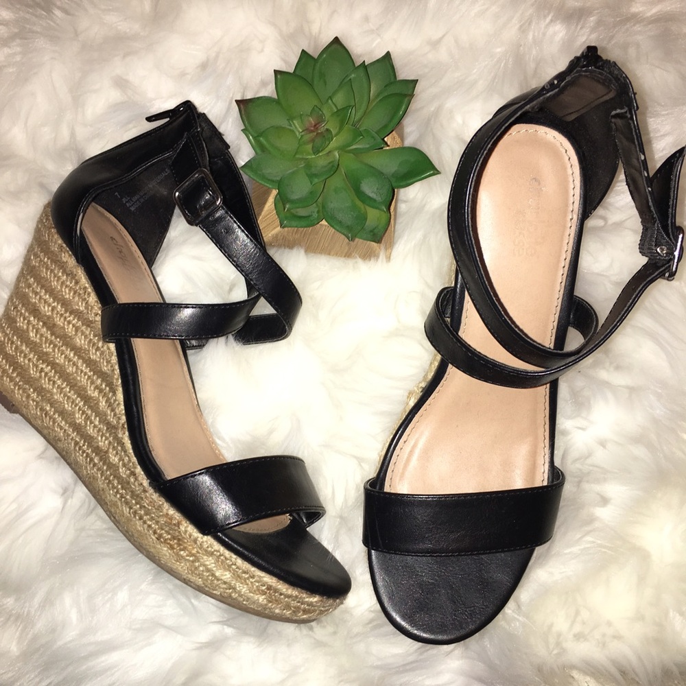 Black Crisscrossing Espadrille Wedges
