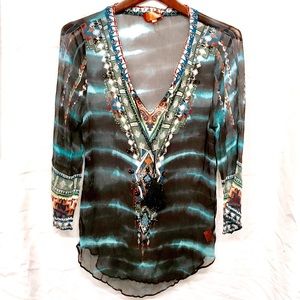 NWOT Hale Bob Cabana Sheer Beaded Long Sleeves  M