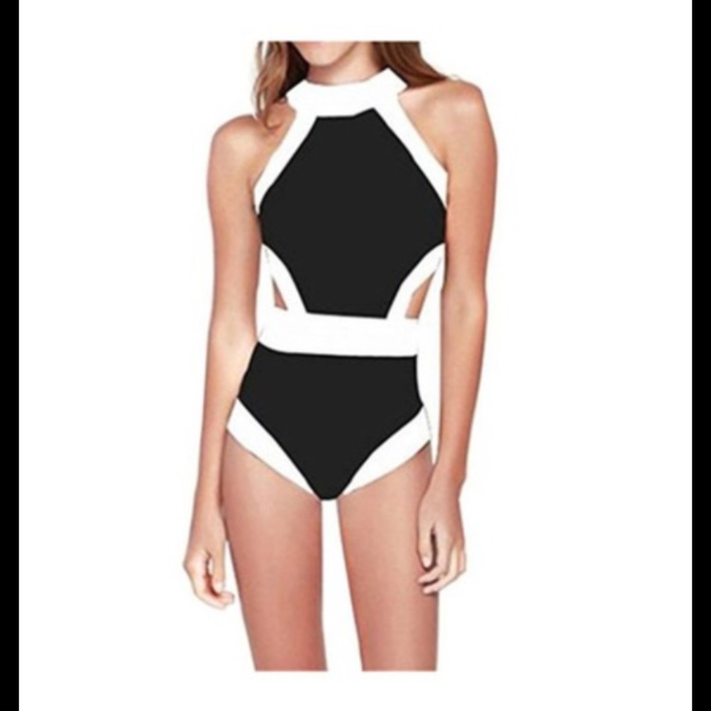 Women's Black and White One Piece Swimsuit, Large