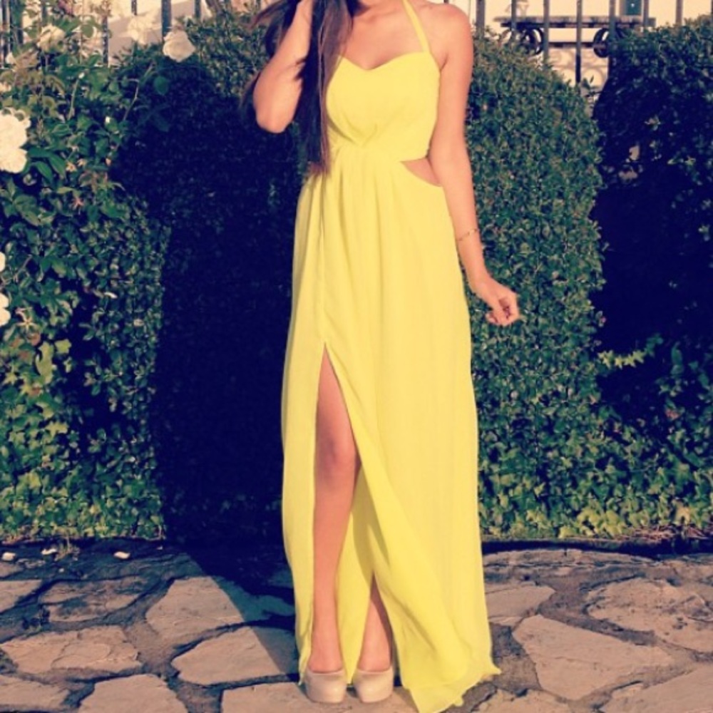 Bright yellow BCBG prom dress
