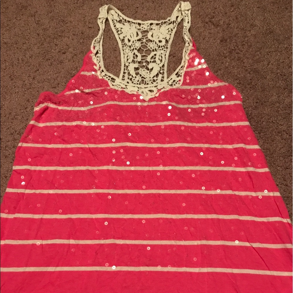 Express tank - pink stripes with lace and sequins