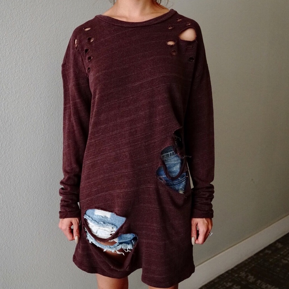 raisin color 2 tone distressed sweater tunic dress
