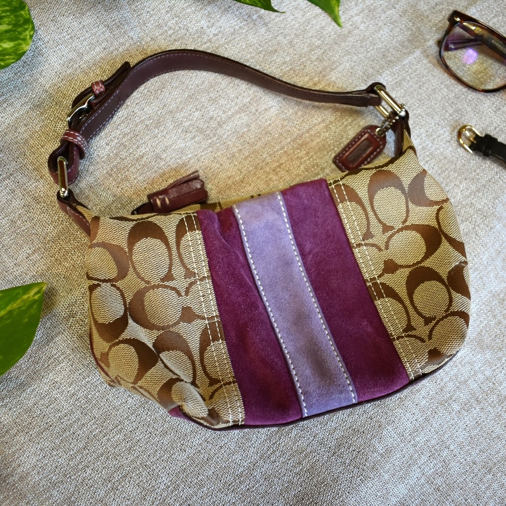 Small Coach Bag with Purple Suede Vertical Stripe