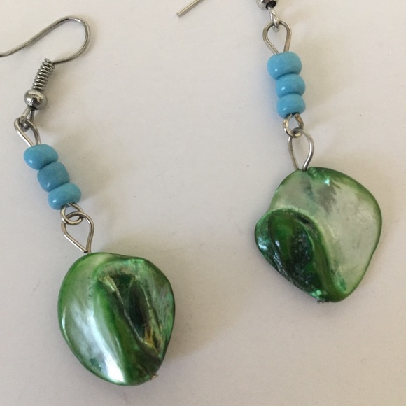 Green & Turquoise Beaded Earrings w/ Silver Hooks - Picture 2 of 4