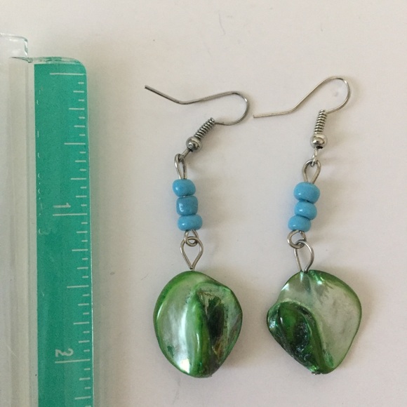 Green & Turquoise Beaded Earrings w/ Silver Hooks - Picture 4 of 4