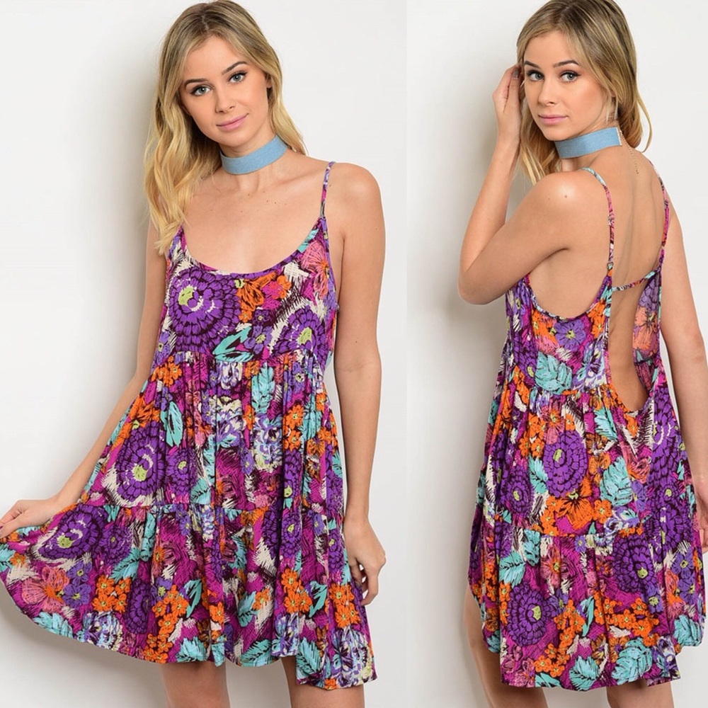 LAST Purple Floral Print Open Back Dress