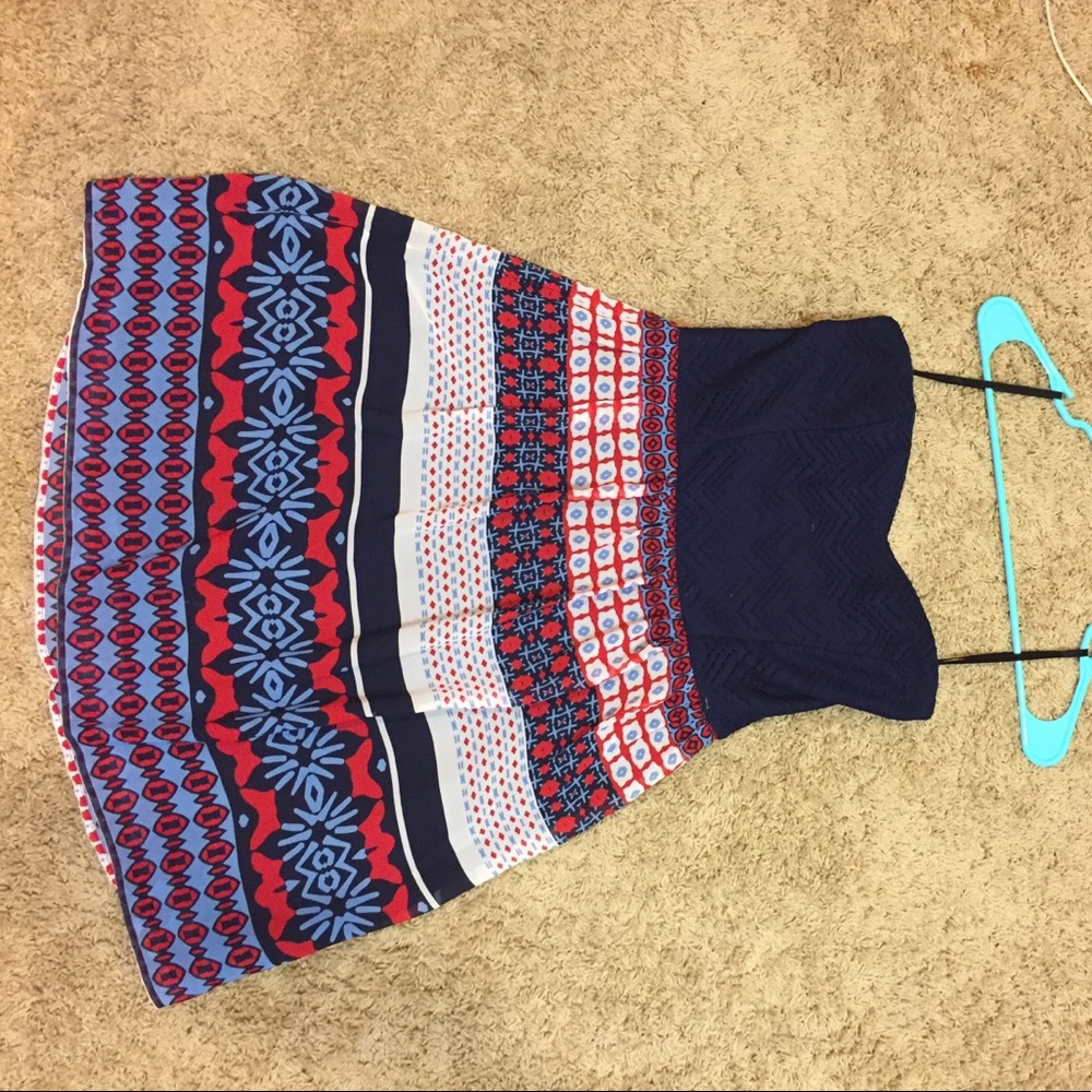 Navy blue pattern strapless dress