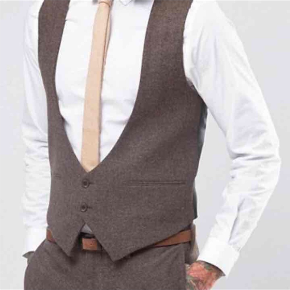 ASOS Slim Vest in Brown Herringbone