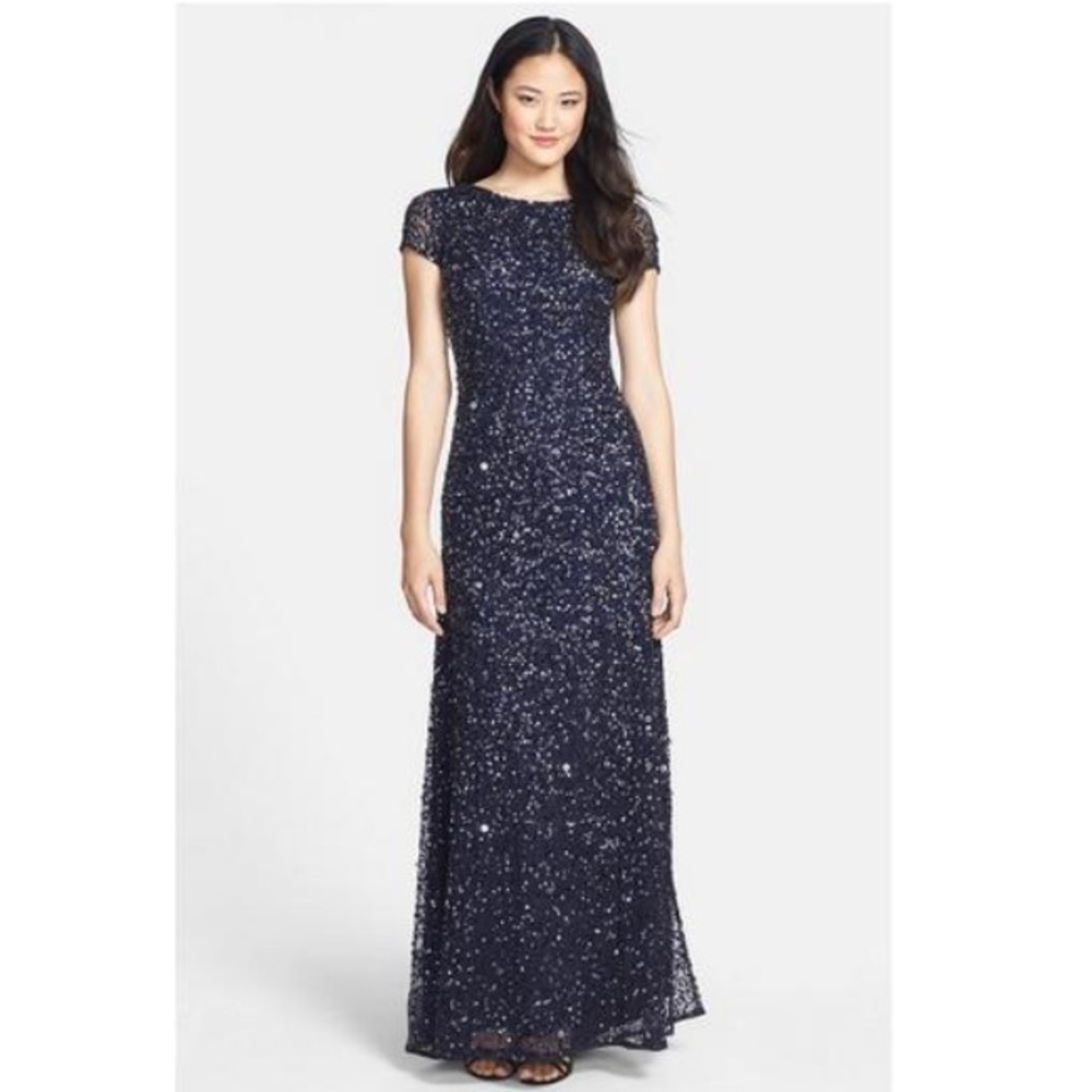 Adrianna Papell short sleeves beaded mesh gown