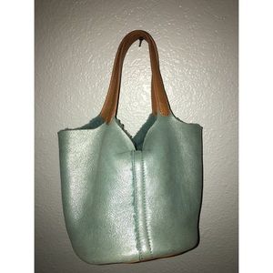 Shiny Aquamarine Leather Wool Bucket Bag
