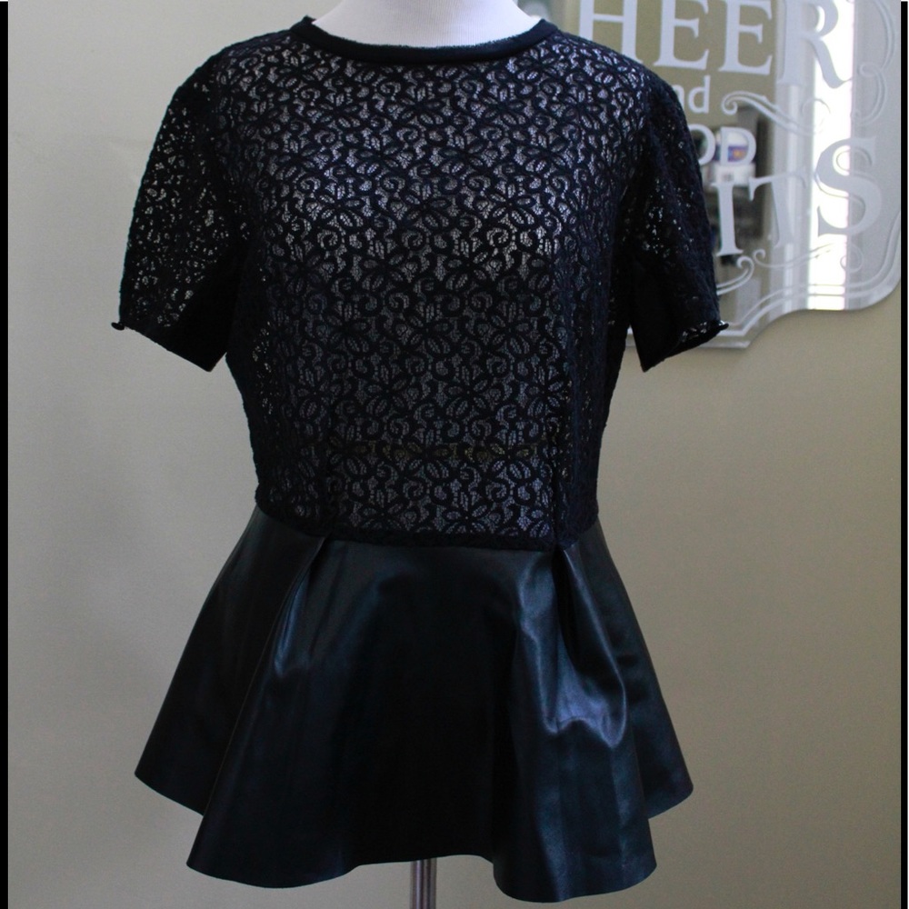 Bisou Bisou Faux leather & lace peplum top M