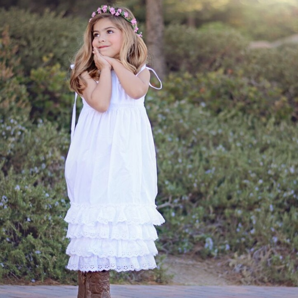 Girls white eyelet cotton ruffle sun dress maxi