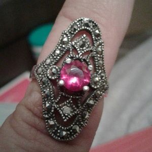 Sterling Marcasite Ruby Red Stone Ring