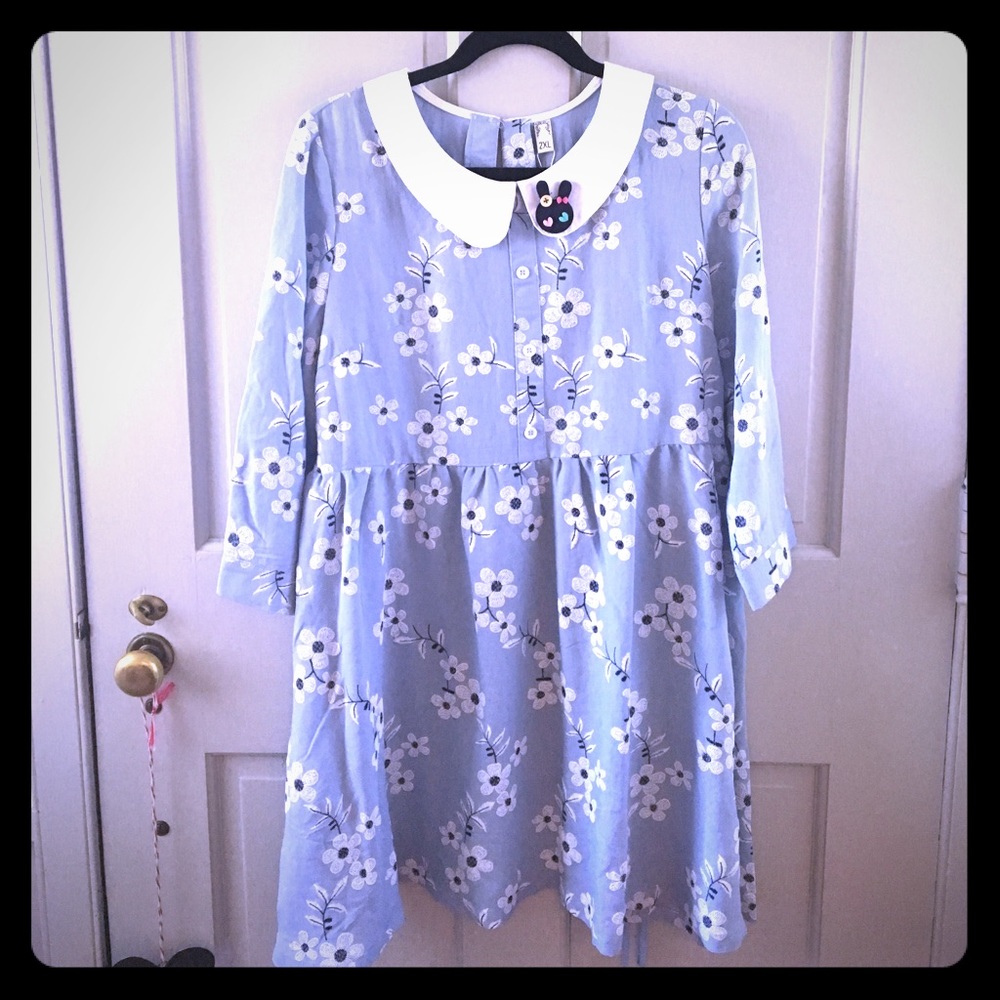 Blue Floral Peter Pan Collar Fit and Flare Dress
