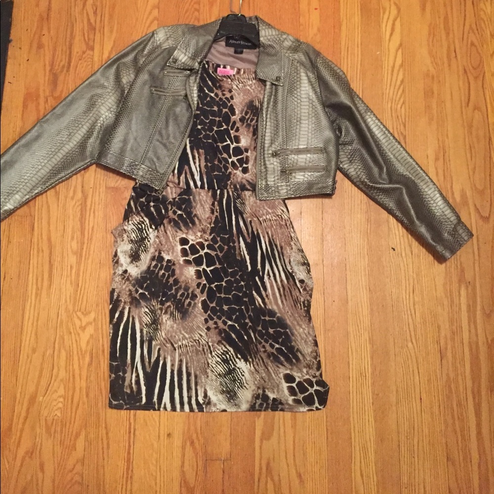 motorcycle Jacket / Ashley Stewart dress